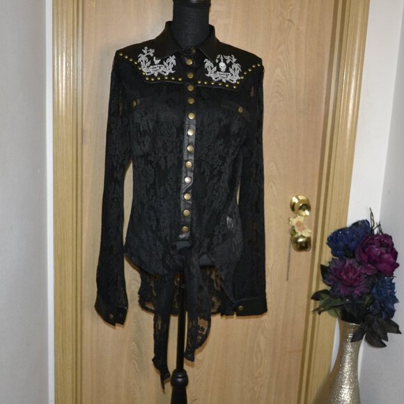 Memento Mori snap button Black Embroidered Skull Floral Sheer Rodeo Goth Shirt - Picture 1 of 12